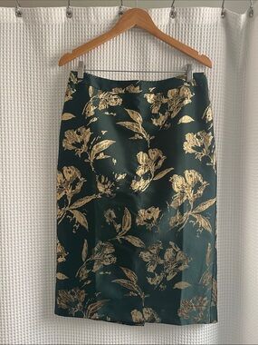 Talbots Dark Green Pencil Skirt with Gold Floral Jacquard
